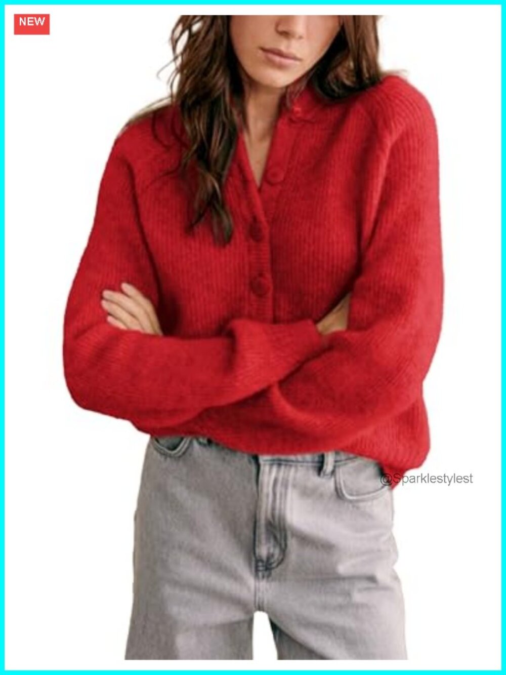 Womens Chunky Knit Open Front Button Down Cardigan Long Sleeve Crewneck Sweater
